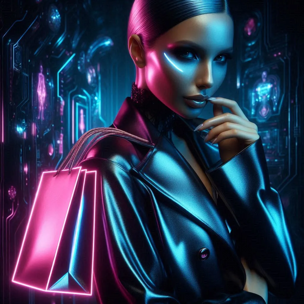 Futuristic woman with glowing bag — cyberpunk portrait