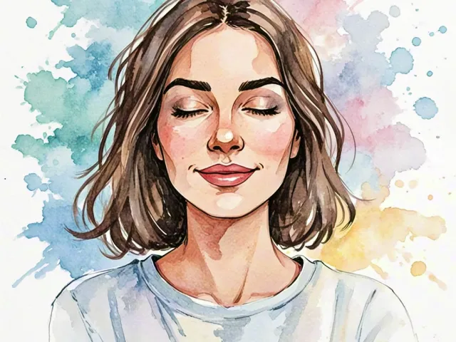 Soft watercolor illustration of a woman with calm expression.