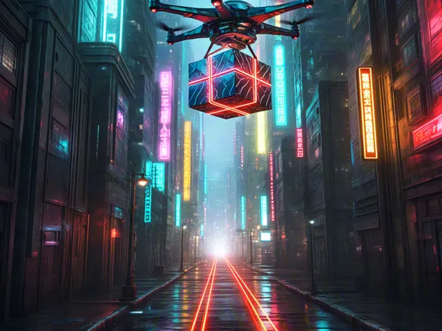 Gift Futuristic Neon Dron Cyberpunk-style holding a gift