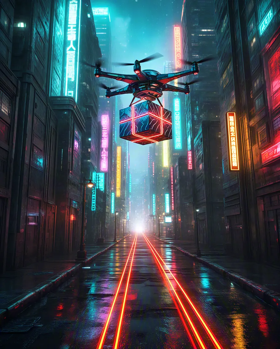 Gift Futuristic Neon Dron Cyberpunk-style holding a gift