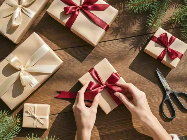 Hands wrapping Christmas presents with ribbons and pine branches