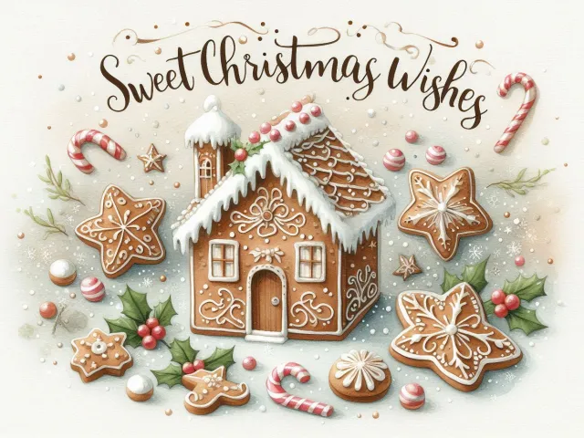 Soft watercolor illustration of a gingerbread house with festive decorations