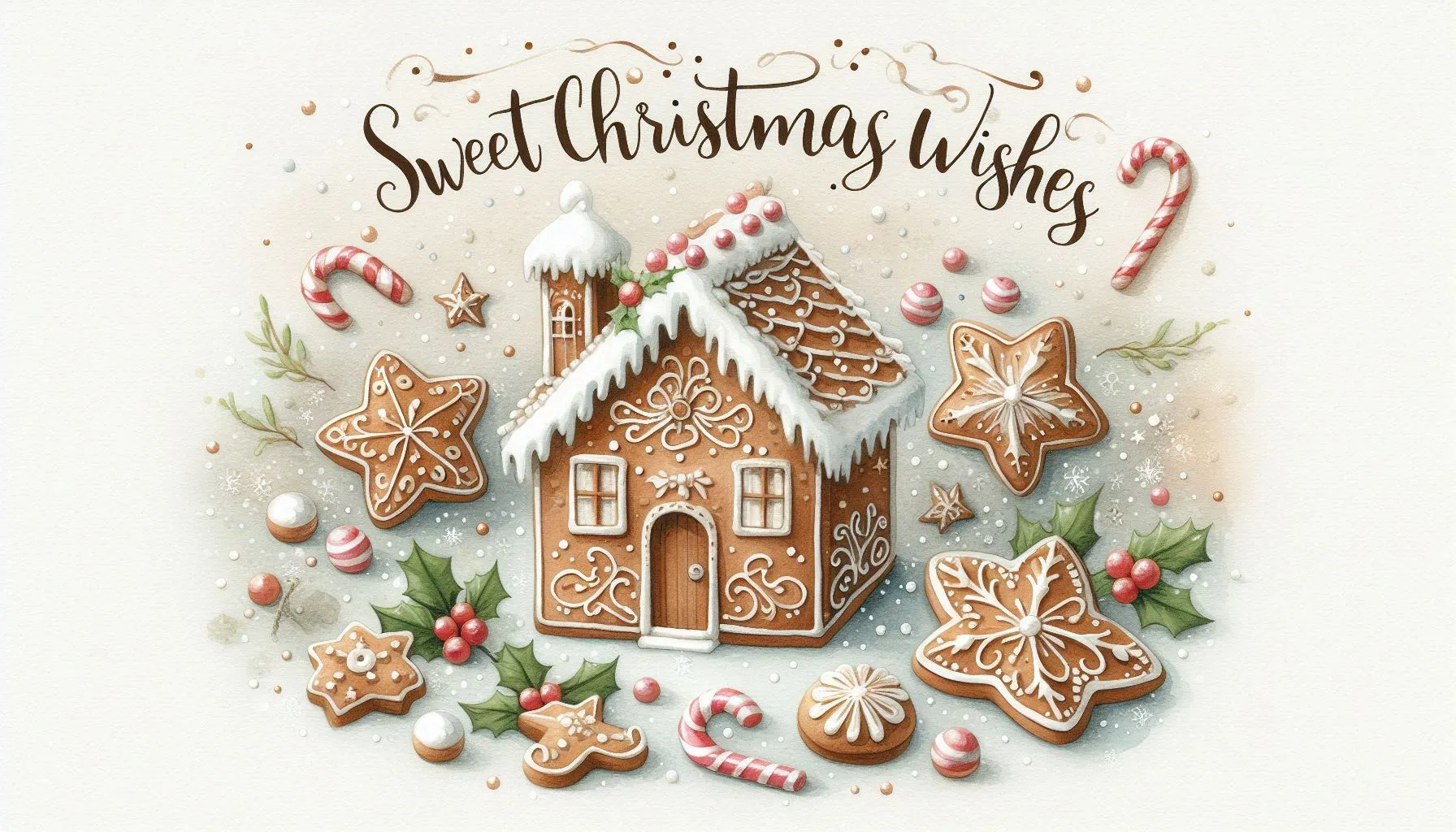 Soft watercolor illustration of a gingerbread house with festive decorations