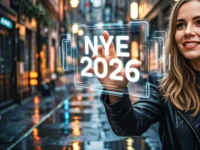 Smiling woman holding NYE 2026 light sign in night city street