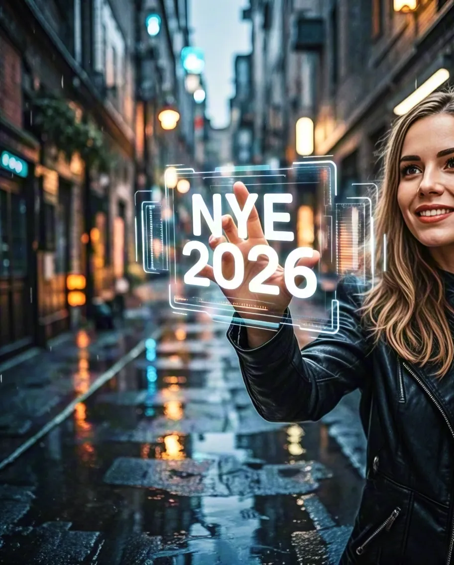 Smiling woman holding NYE 2026 light sign in night city street
