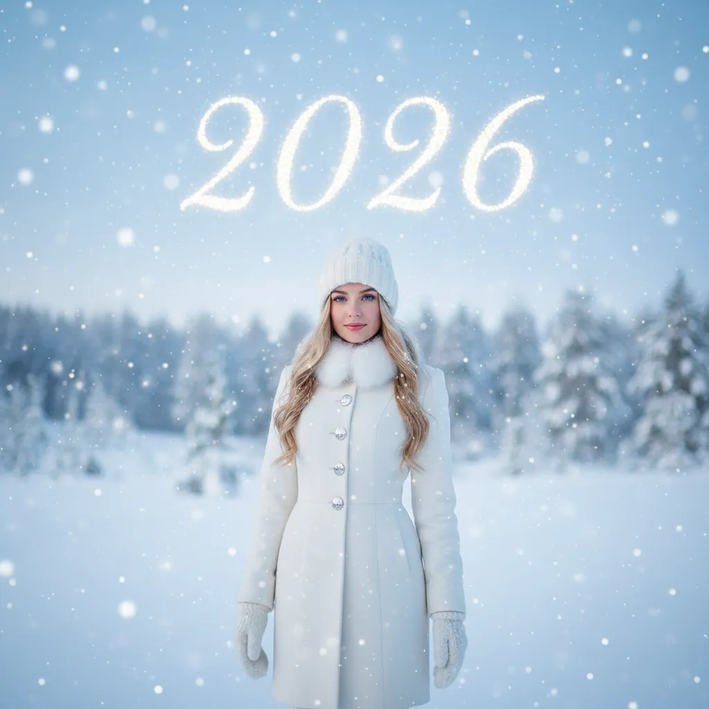 Girl in white winter coat — New Year portrait