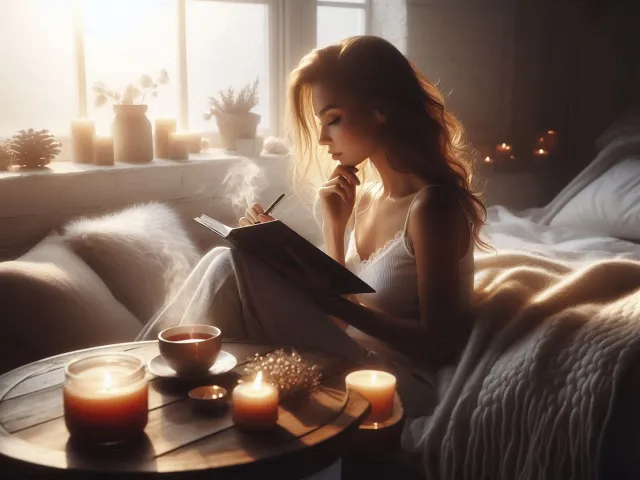 Young girl reading a book beside warm candles in cozy room