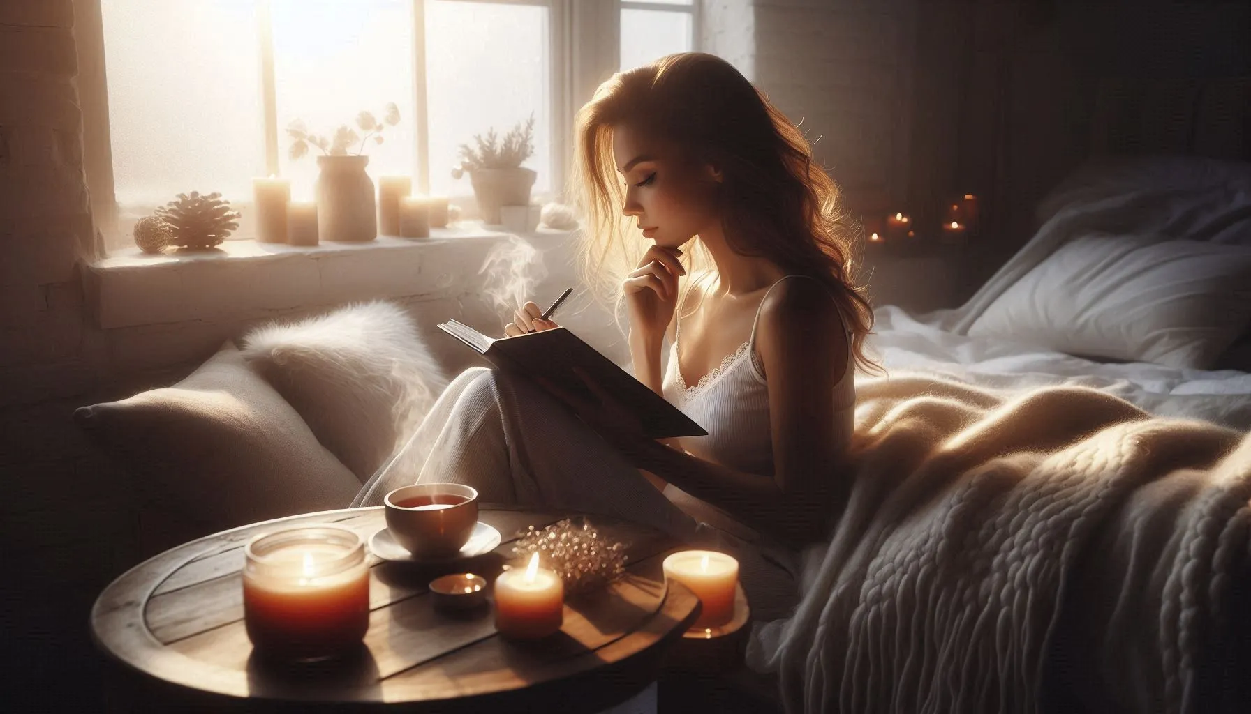 Young girl reading a book beside warm candles in cozy room