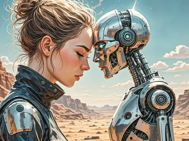 Young woman bonding with robot in pastel landscape