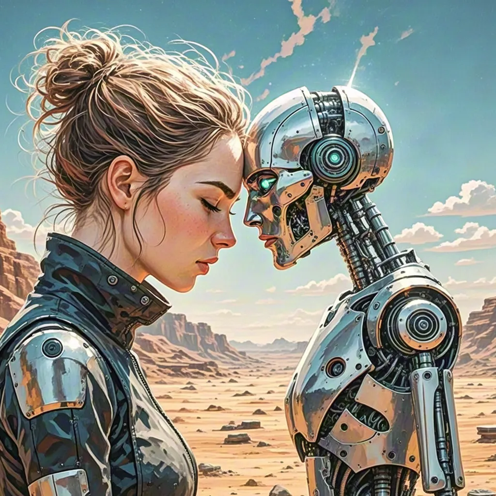 Girl touching robot foreheads – emotional bond