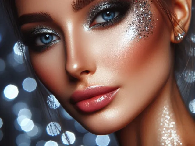 Elegant woman with festive glitter makeup in soft winter lighting