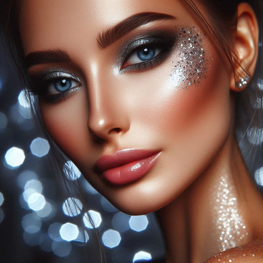 Glam Christmas beauty portrait — sparkling makeup