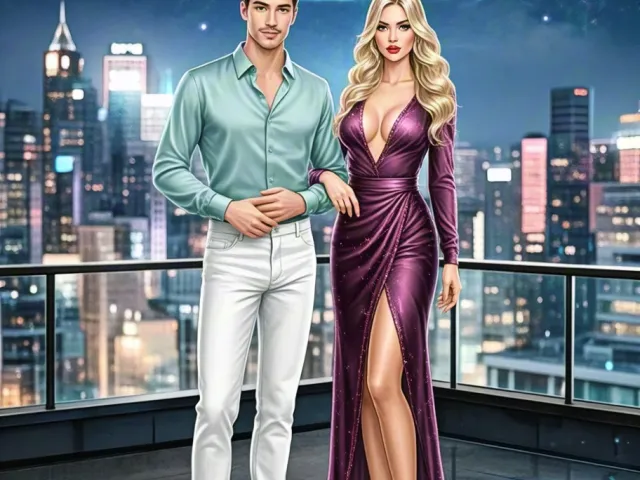 elegant man and woman posing in modern cityscape with 2026 lights