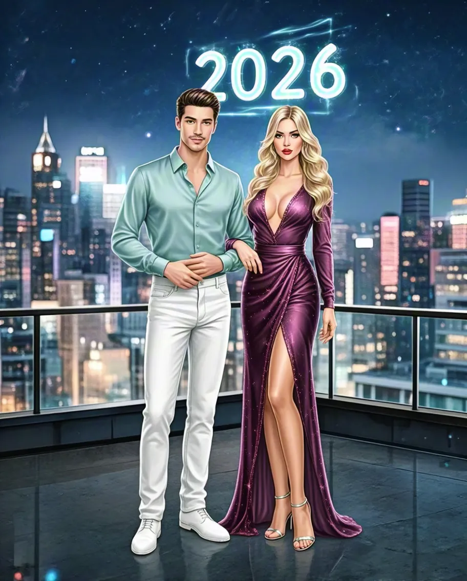 elegant man and woman posing in modern cityscape with 2026 lights
