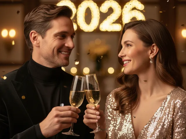 man and woman clinking champagne glasses with 2026 lights behind them
