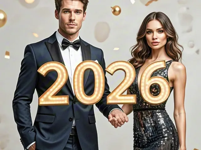 Elegant couple in evening outfits standing beside large golden 2026 digits