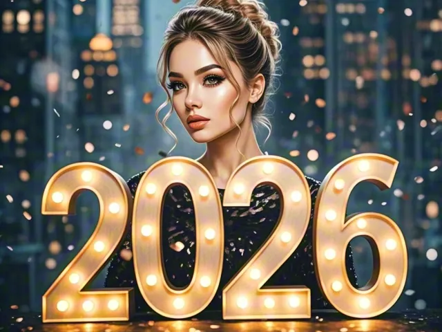 elegant woman posing in front of illuminated gold 2026 numbers