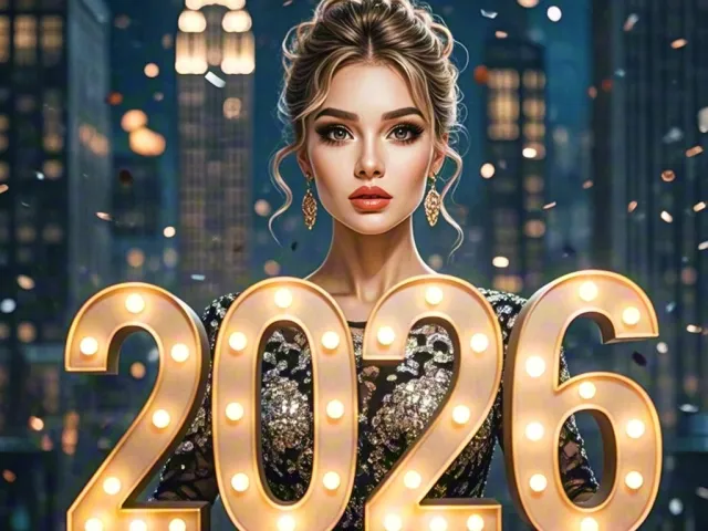 elegant woman posing in front of glowing 2026 lights