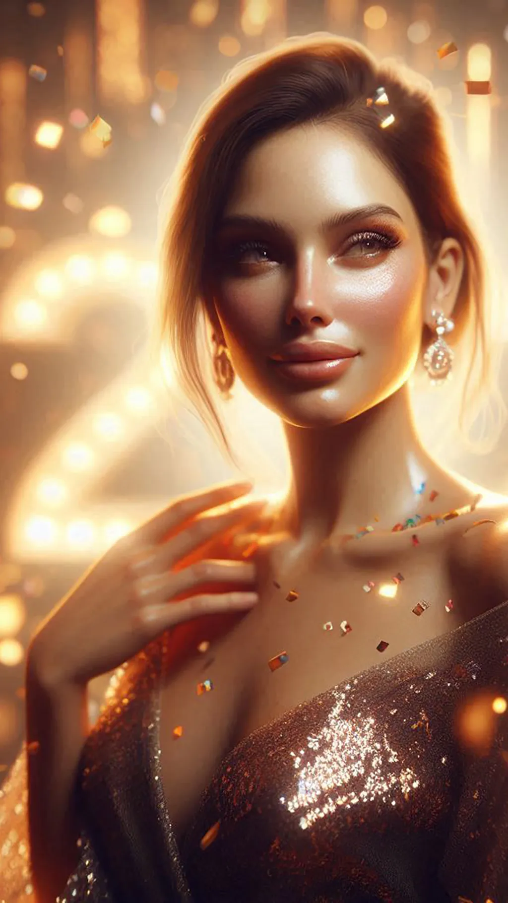 Beautiful woman touching her necklace in soft golden holiday lights
