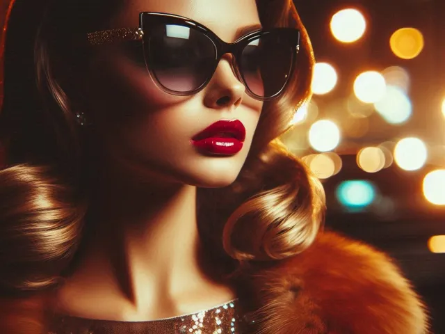 Elegant woman in fur and sunglasses with blurred night city lights behind her