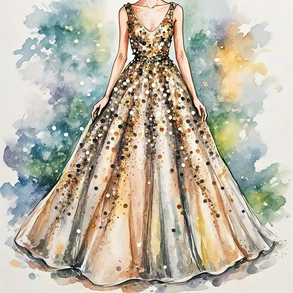watercolor fashion illustration of elegant long gold dress