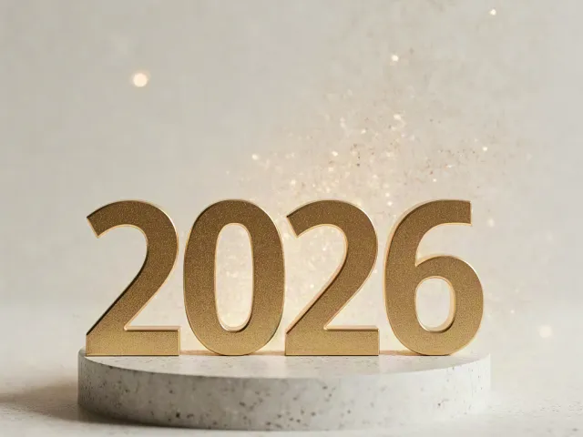 Gold 2026 text standing on a podium with sparkles