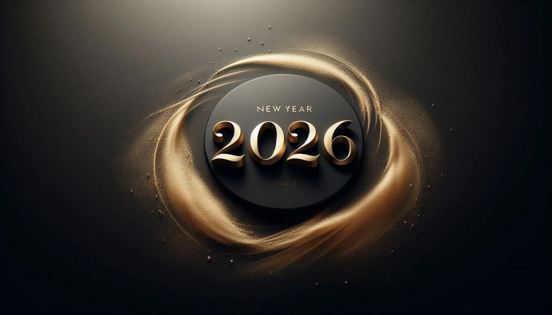 Elegant black and gold 2026 New Year design with glowing circular light effects