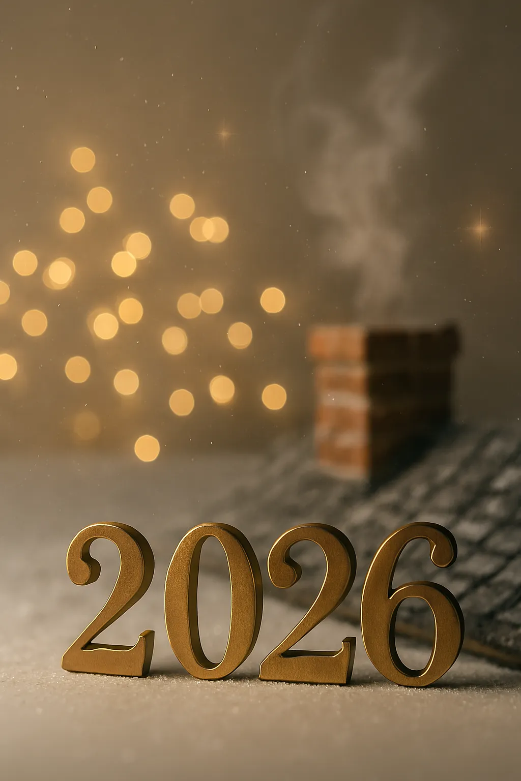 Large golden 2026 numbers glowing in a warm festive atmosphere