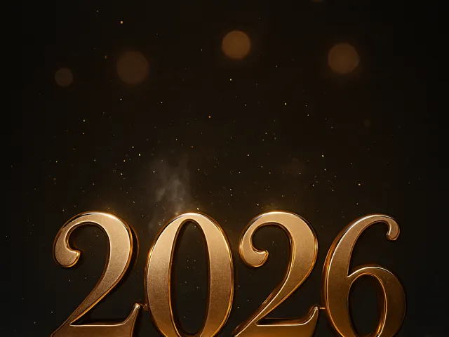 metallic gold 2026 numbers standing on dark background with soft warm lights