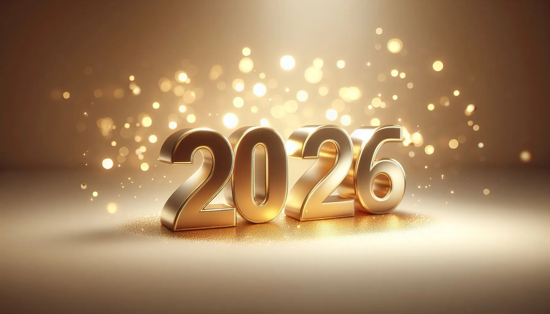 Shiny golden “2026” numbers on a soft sparkling festive background