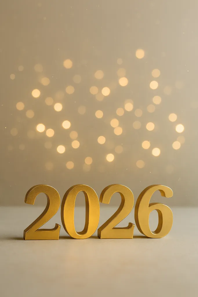 Golden 2026 numbers on festive bokeh background