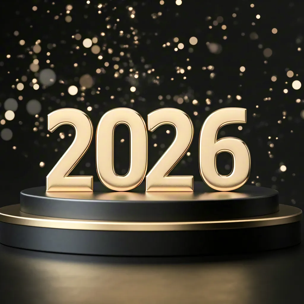 Golden 2026 numbers on round pedestal
