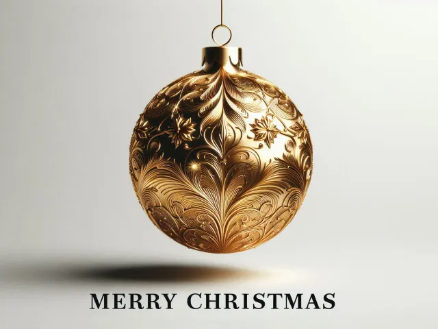 Elegant gold ornament on white background with Merry Christmas text