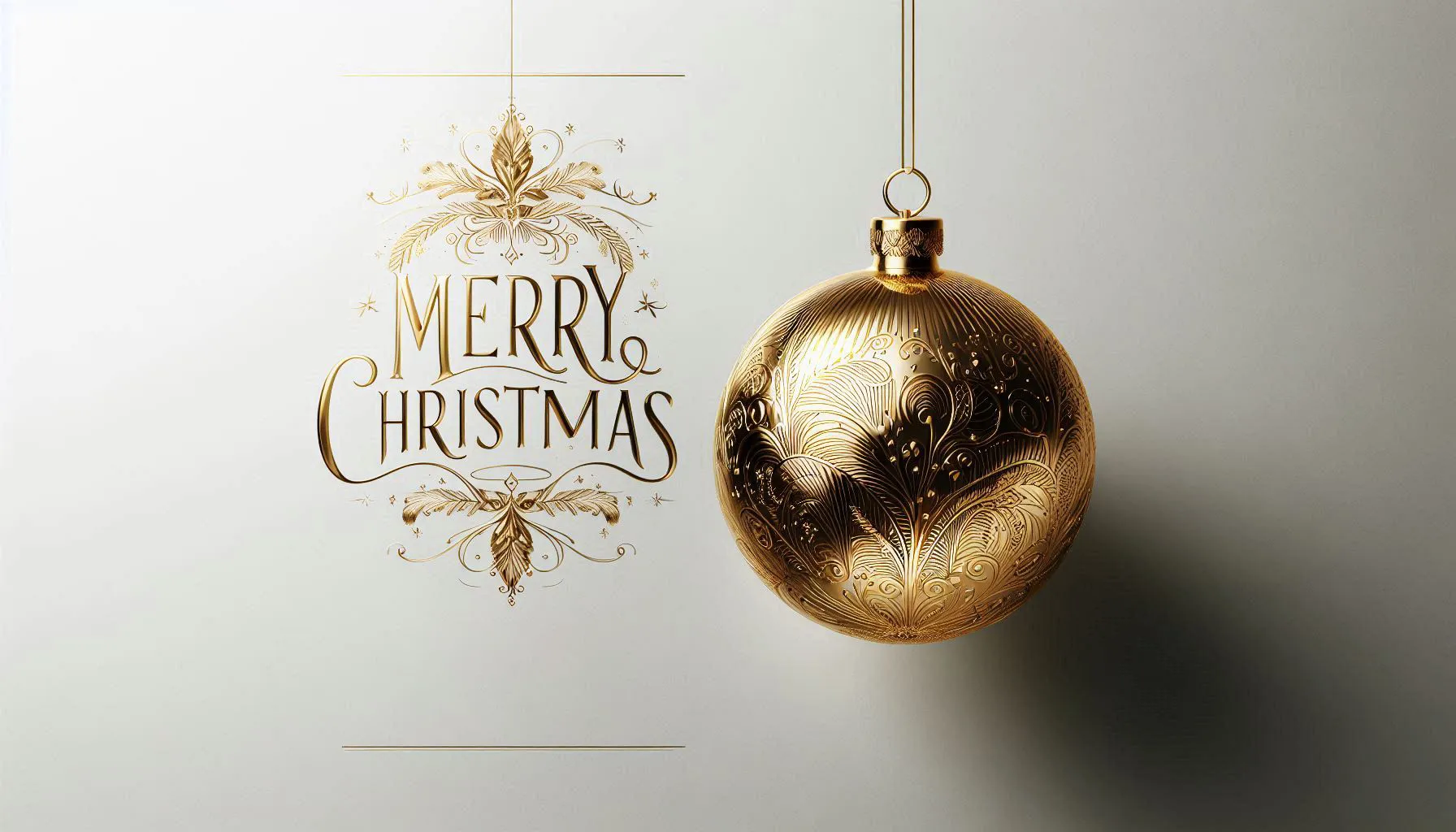 Elegant gold bauble hanging beside Merry Christmas handwritten text