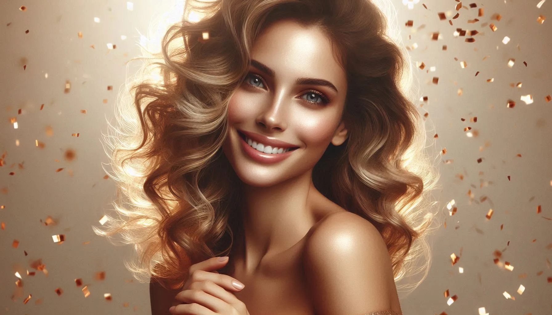 smiling woman with curly hair in warm festive golden bokeh background