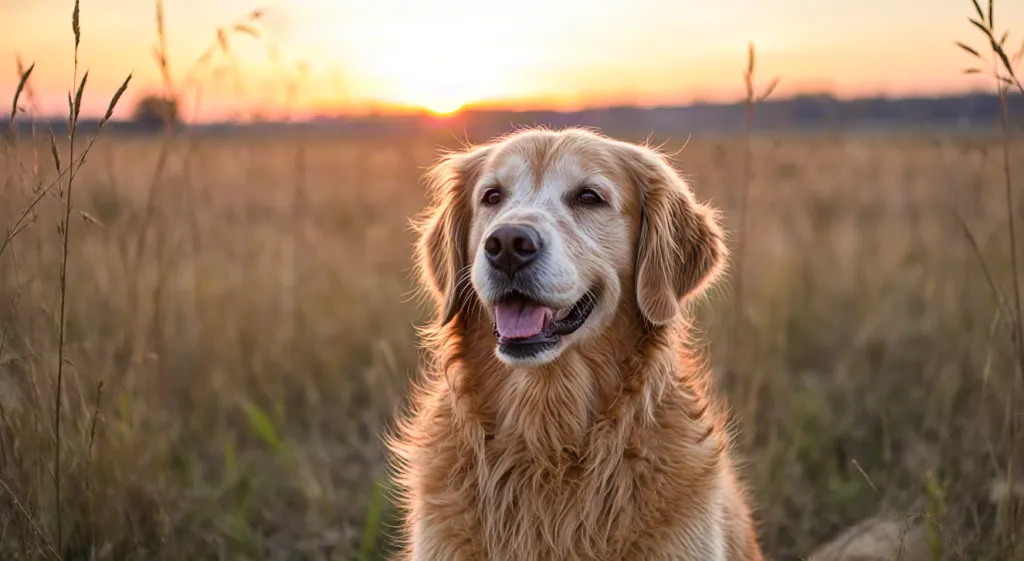 Golden retriever dog in sunset field – warm outdoor pet photography