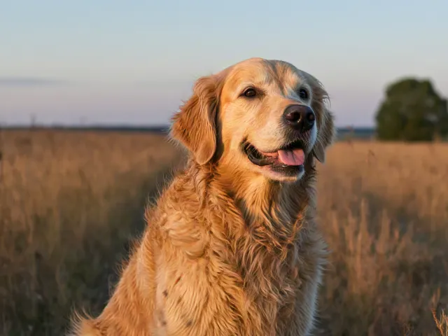 Smiling golden retriever sitting on grass with sunlight and open field behind.