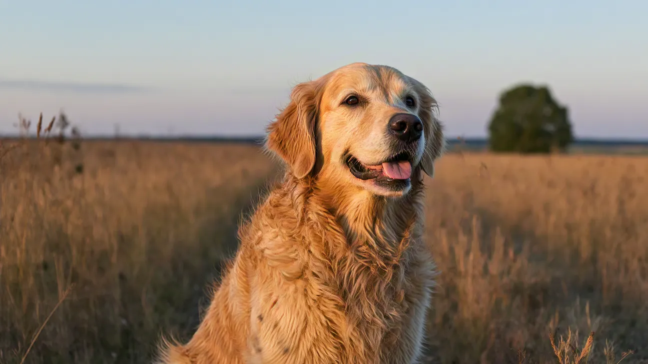 Smiling golden retriever sitting on grass with sunlight and open field behind.