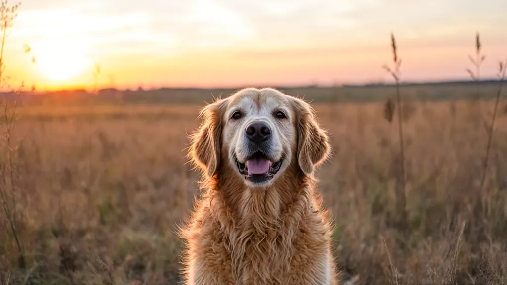 Golden retriever sitting in a field at sunset