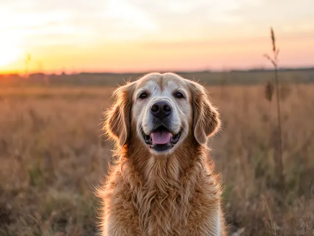 Friendly golden retriever sitting in tall grass illuminated by warm evening light.