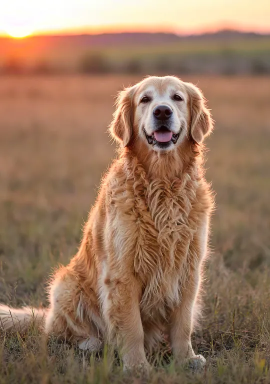 Golden retriever sitting on a field at sunset