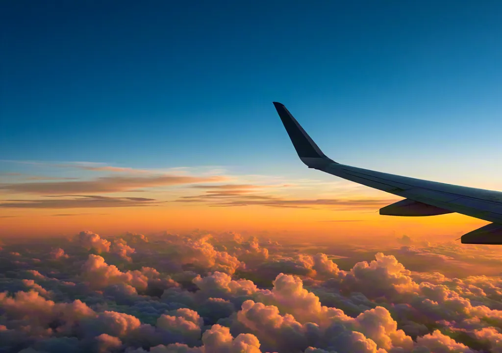 Golden sunset sky seen from airplane window — travel inspiration