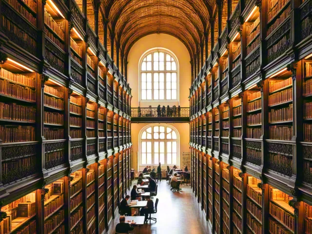 large ornate library hall with arched ceiling and bookshelves
