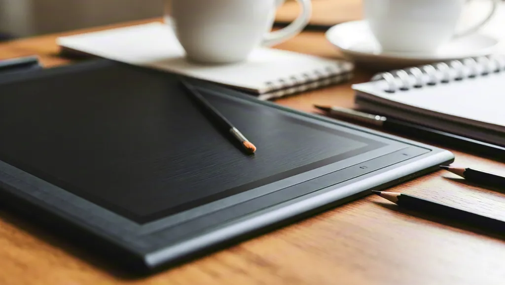 Graphic tablet and notebook on desk