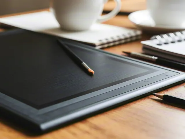 Drawing tablet with pencil on wooden desk