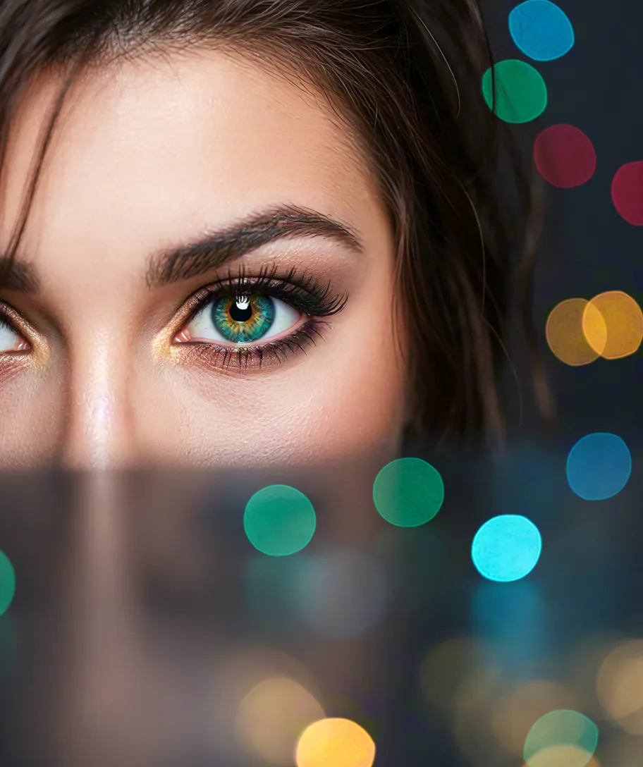 Artistic portrait showing female eyes and glowing background.