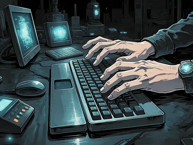 Cyberpunk hacker typing on keyboard