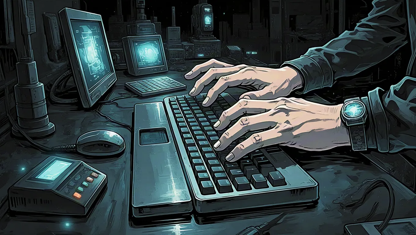 Cyberpunk hacker typing on keyboard