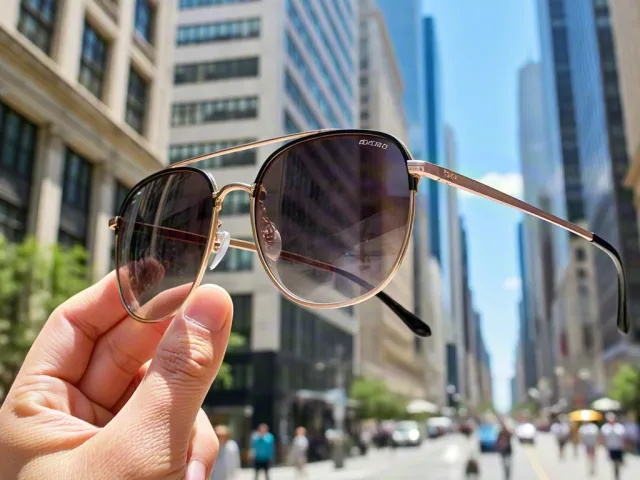 Close-up of sunglasses held outdoors in urban area