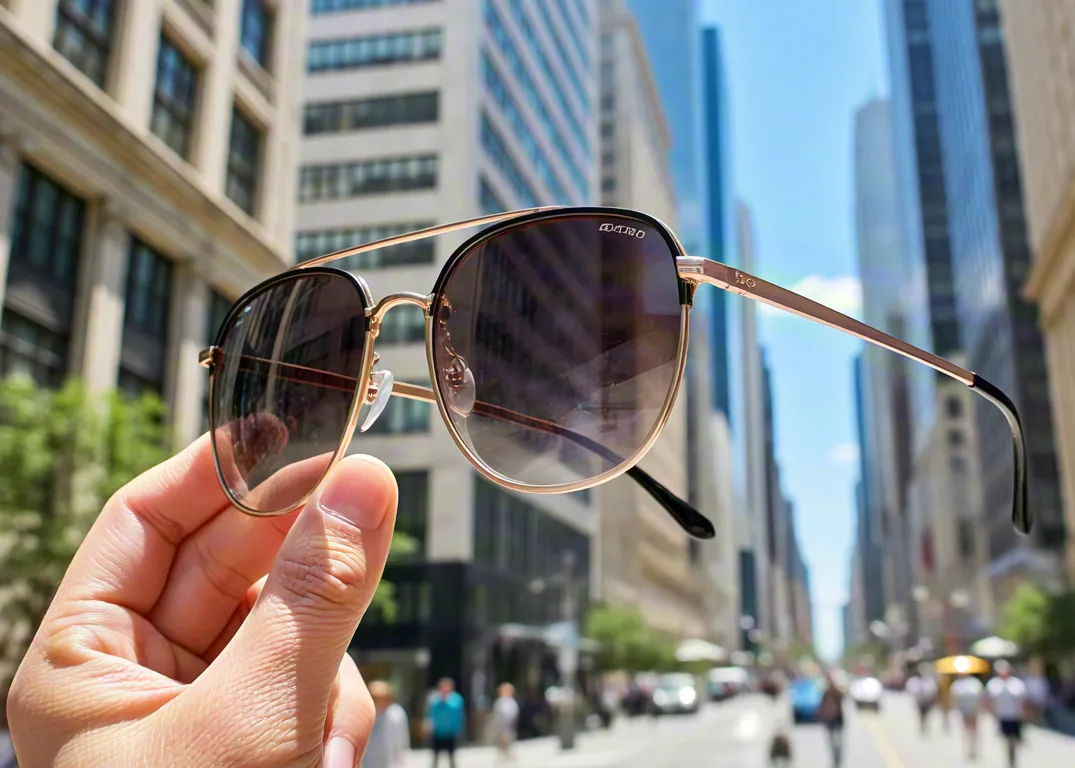 Close-up of sunglasses held outdoors in urban area
